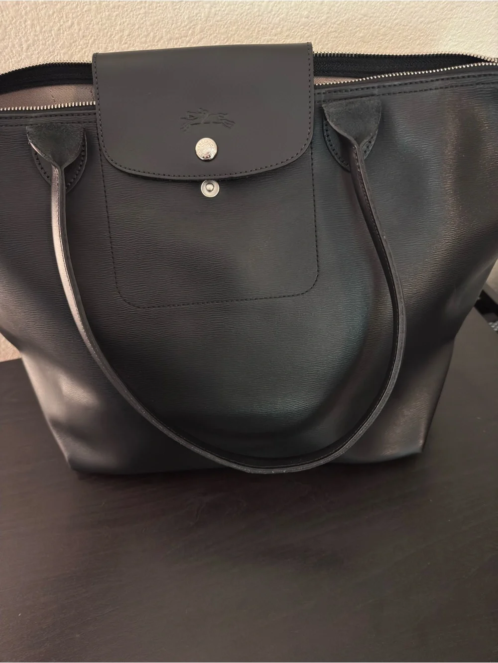 Longchamp Black Coated Canvas Tote-Large